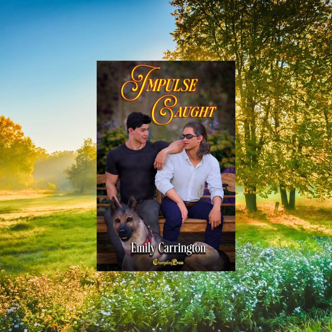 Impulse Caught by Emily Carrington book cover featuring two romantic men sitting on a park bench with a German Shepherd dog