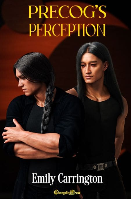 Impulse Caught by Emily Carrington book cover featuring two romantic men sitting on a park bench with a German Shepherd dog