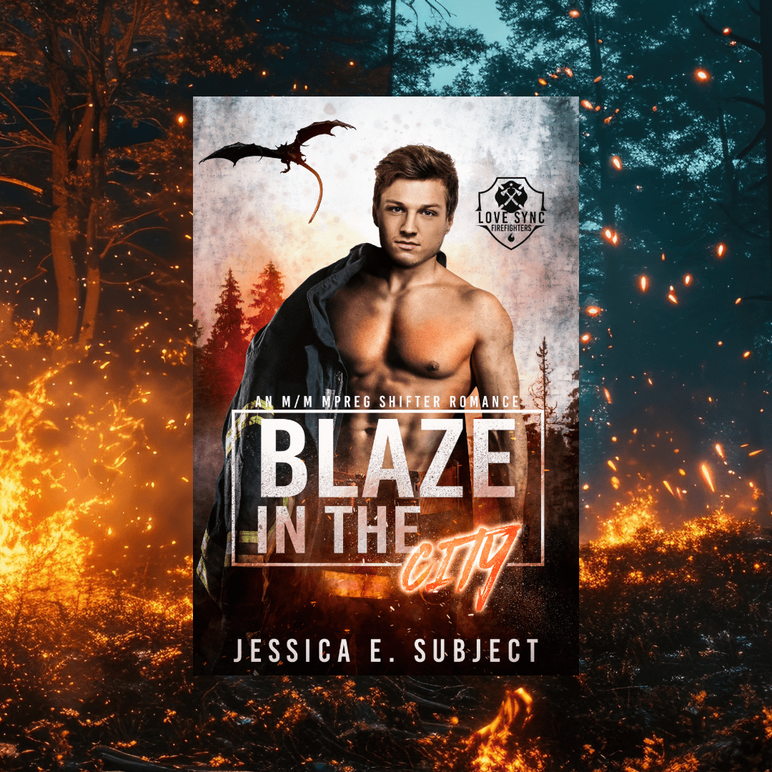 Impulse Caught by Emily Carrington book cover featuring two romantic men sitting on a park bench with a German Shepherd dog