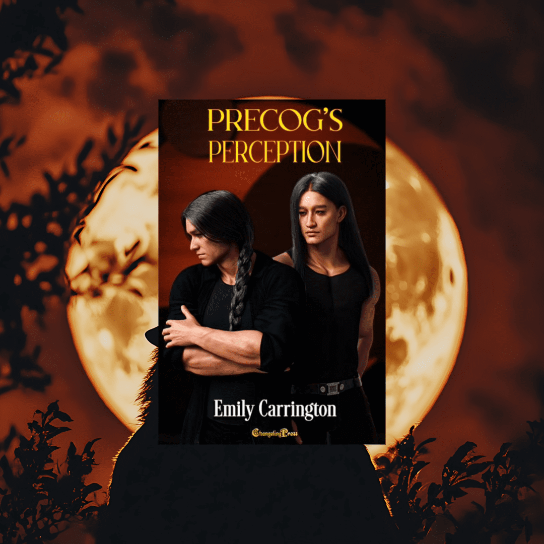 Impulse Caught by Emily Carrington book cover featuring two romantic men sitting on a park bench with a German Shepherd dog